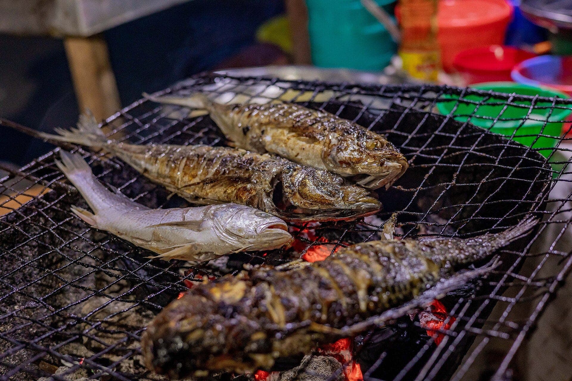 Des poissons qui grillent sur la braise, la nuit