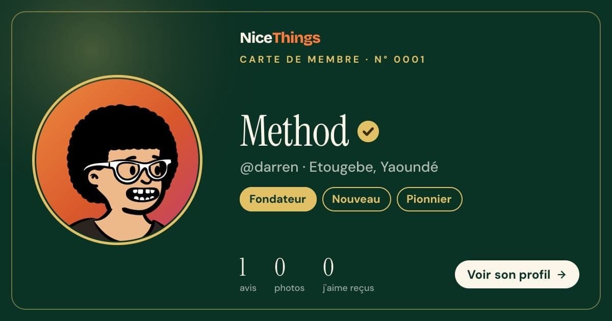La carte de membre n° 0001 de NiceThings : celle du fondateur, avec son avatar, sa coche dorée et ses badges